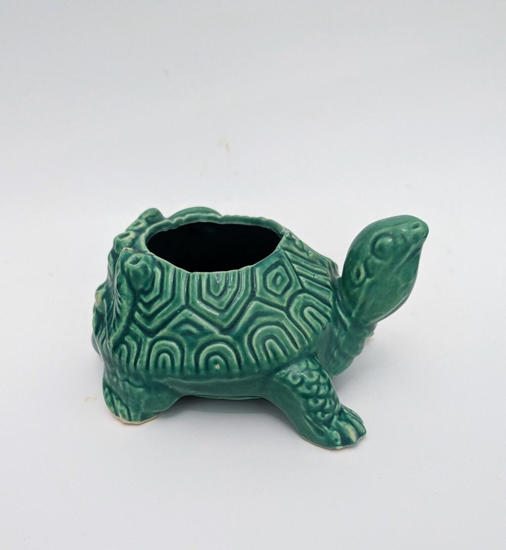 Vintage 50s McCoy Pottery Turtle Planter Flower Pot Green Ceramic Textured MCM